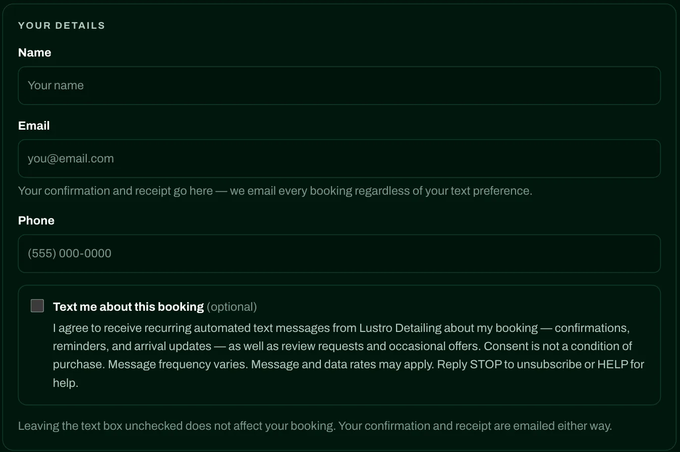 The “Your details” step of the Lustro Detailing booking form: name, email and phone fields, then an unticked, optional “Text me about this booking” box with the full consent wording.